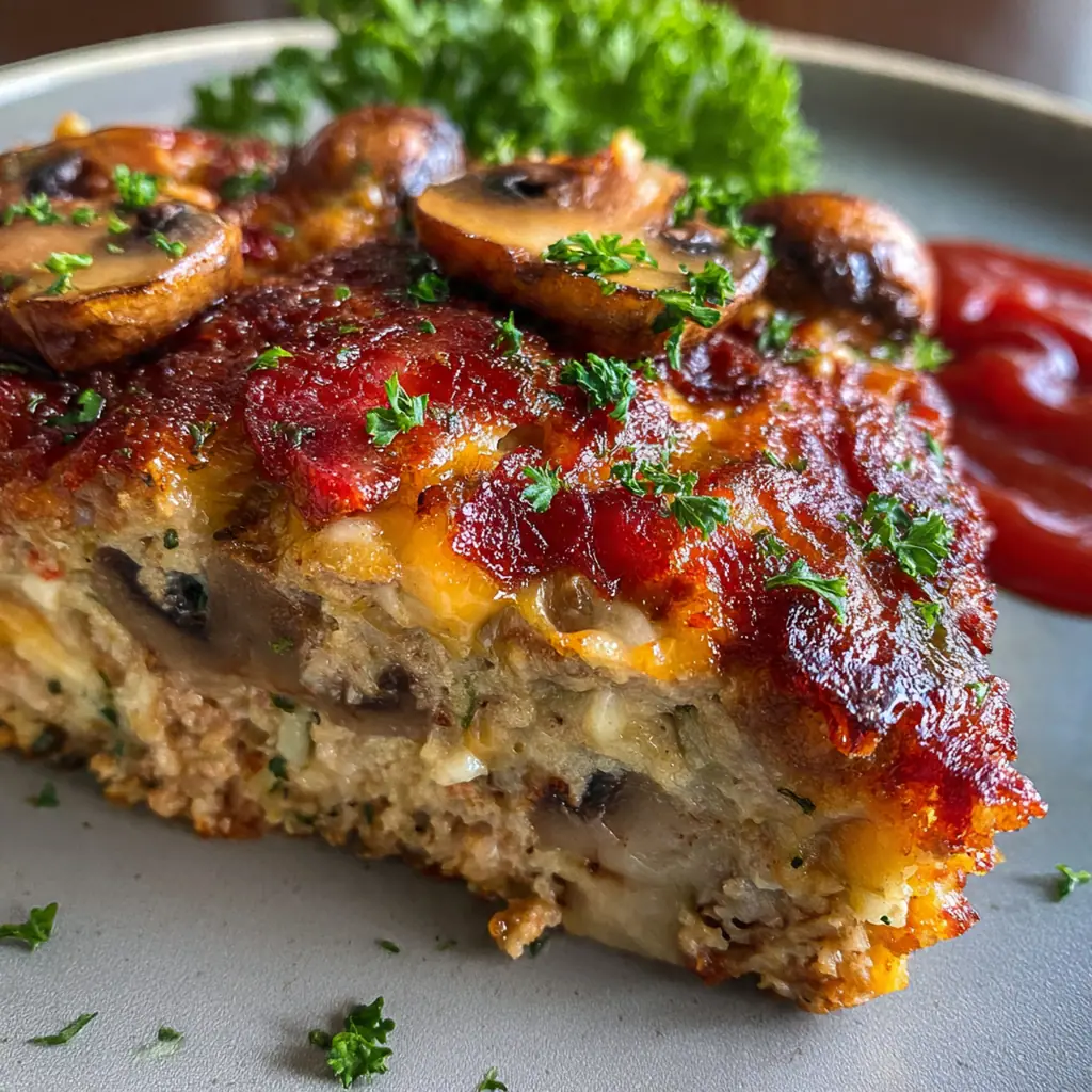 Close-up of a sliced meatloaf revealing pockets of bacon, mushrooms, and gooey Swiss cheese