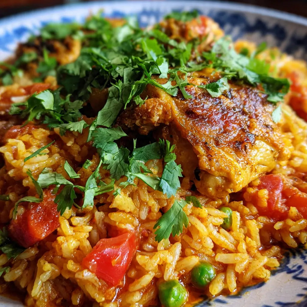 Overhead shot of a serving of butter chicken bake with fluffy rice, tender chicken, and a drizzle of cream.
