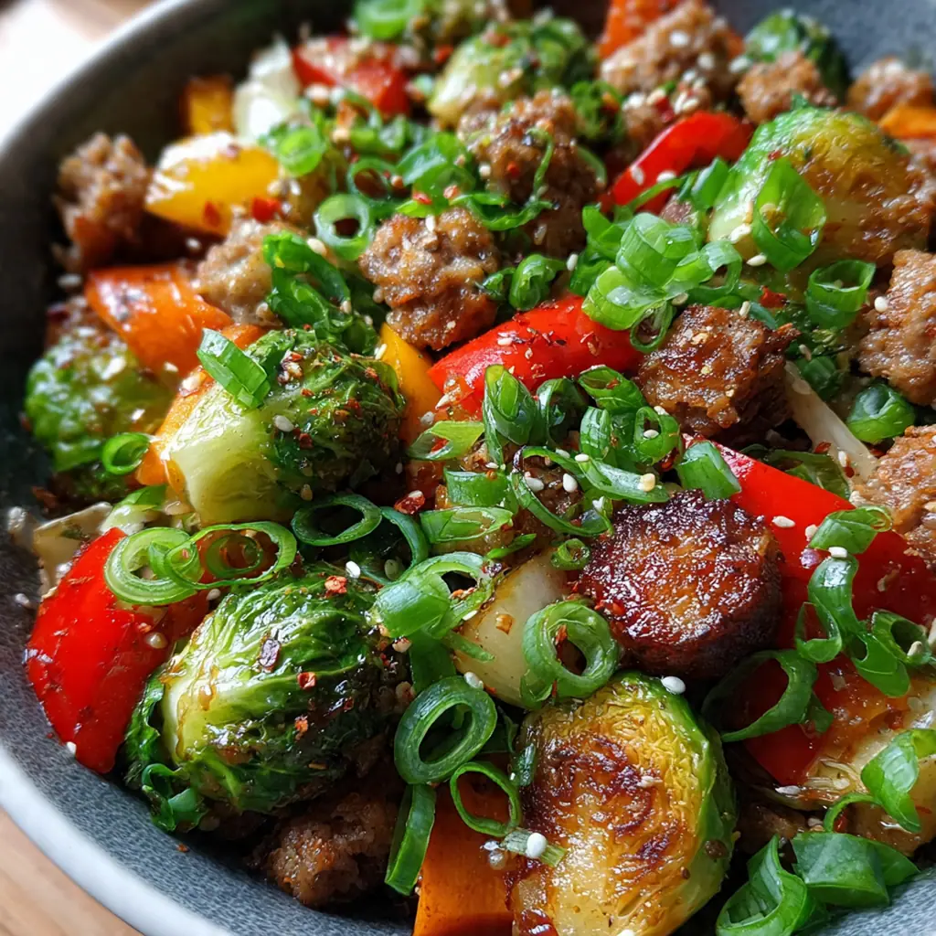 Overhead view of the finished stir-fry served in a bowl over fluffy white rice with green onion garnish