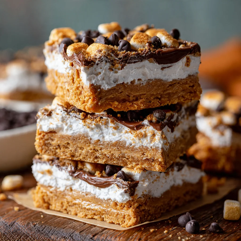 Close-up of a cut Fluffernutter bar revealing the rich marbled layers of peanut butter and marshmallow fluff.