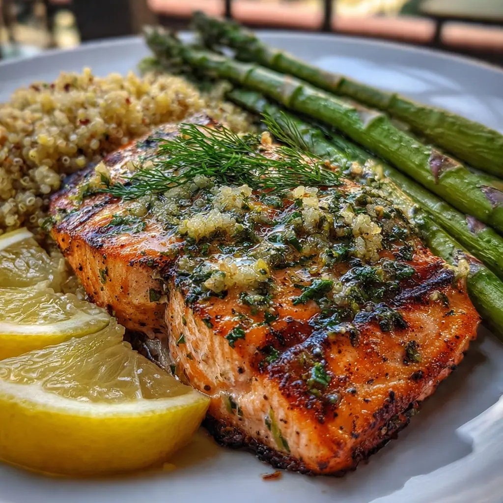 A plated lemon herb grilled salmon dinner with charred lemon slices and a side of roasted vegetables