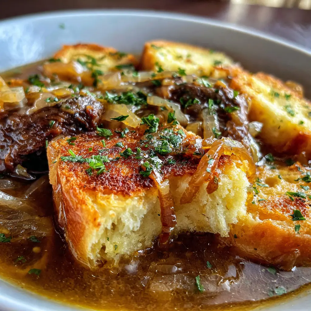 Close-up of oven-safe soup bowls with melted bubbly Gruyère cheese croutons under the broiler