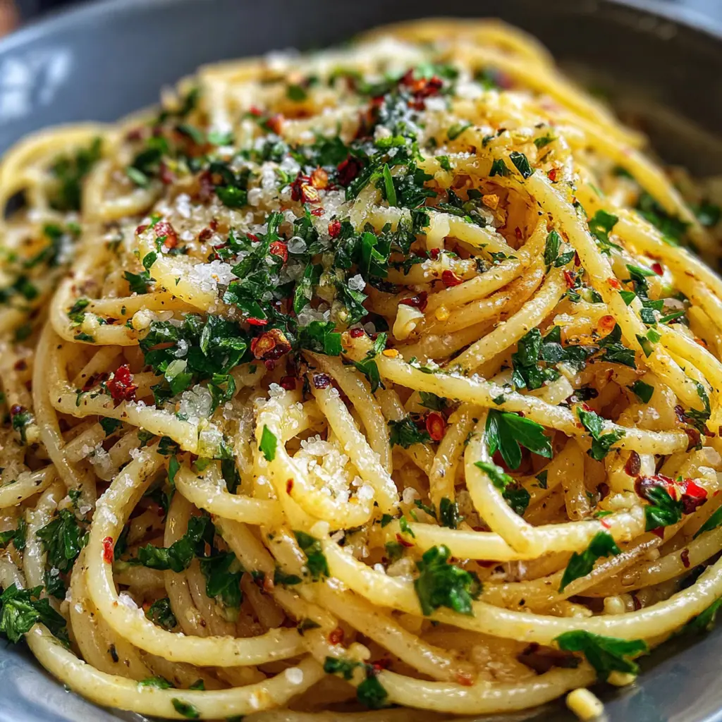 Close-up of twirled spaghetti coated in rich Parmesan sauce with fresh parsley garnish