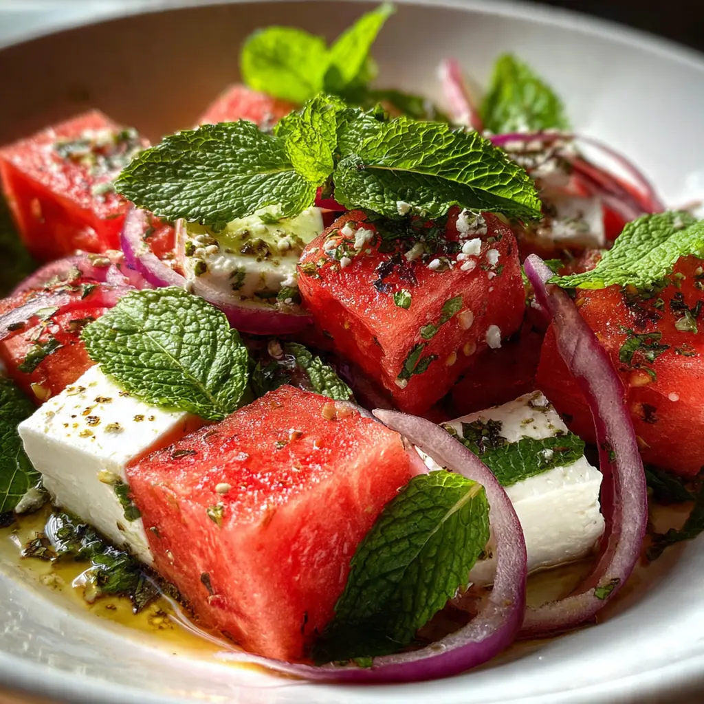 Close-up of juicy watermelon cubes tossed with feta, cucumber, and fresh mint leaves