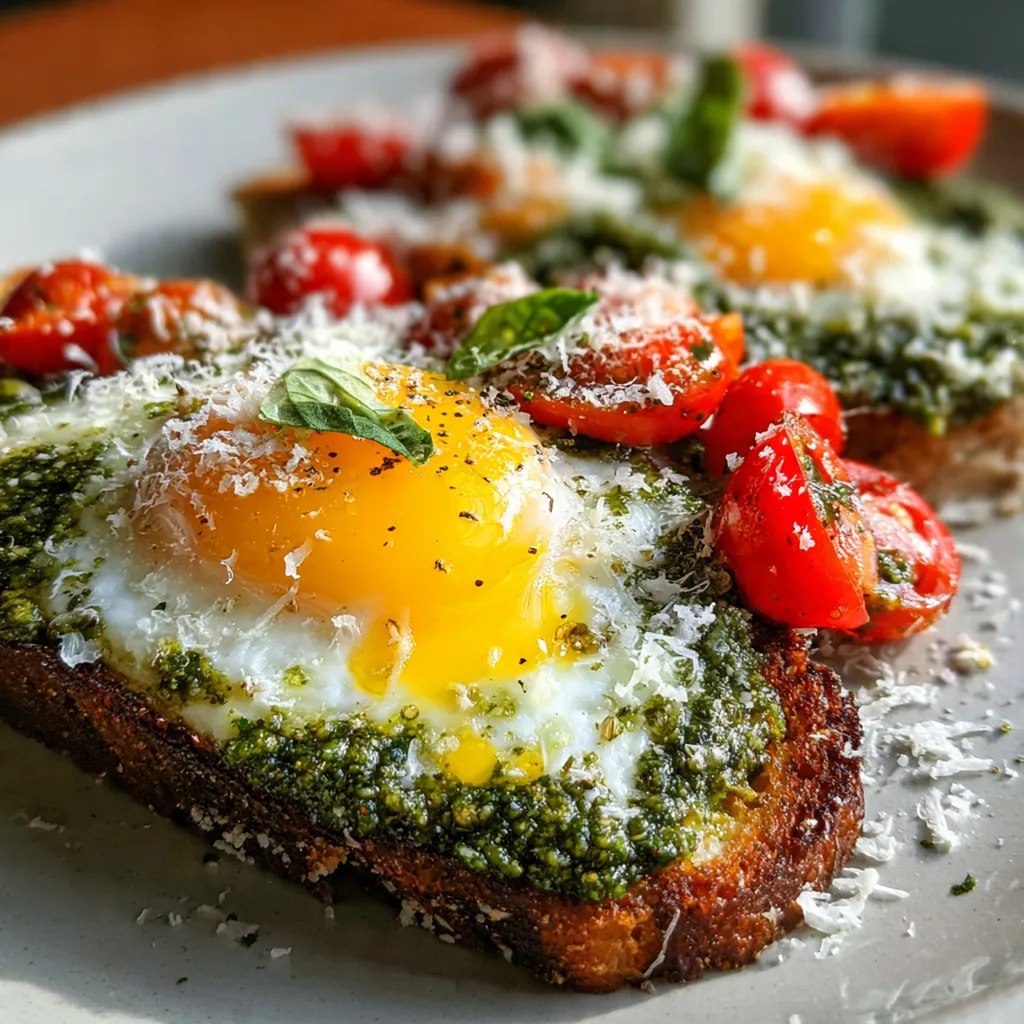 A beautifully plated breakfast with pesto fried eggs, crusty artisan toast, and a simple arugula salad on the side