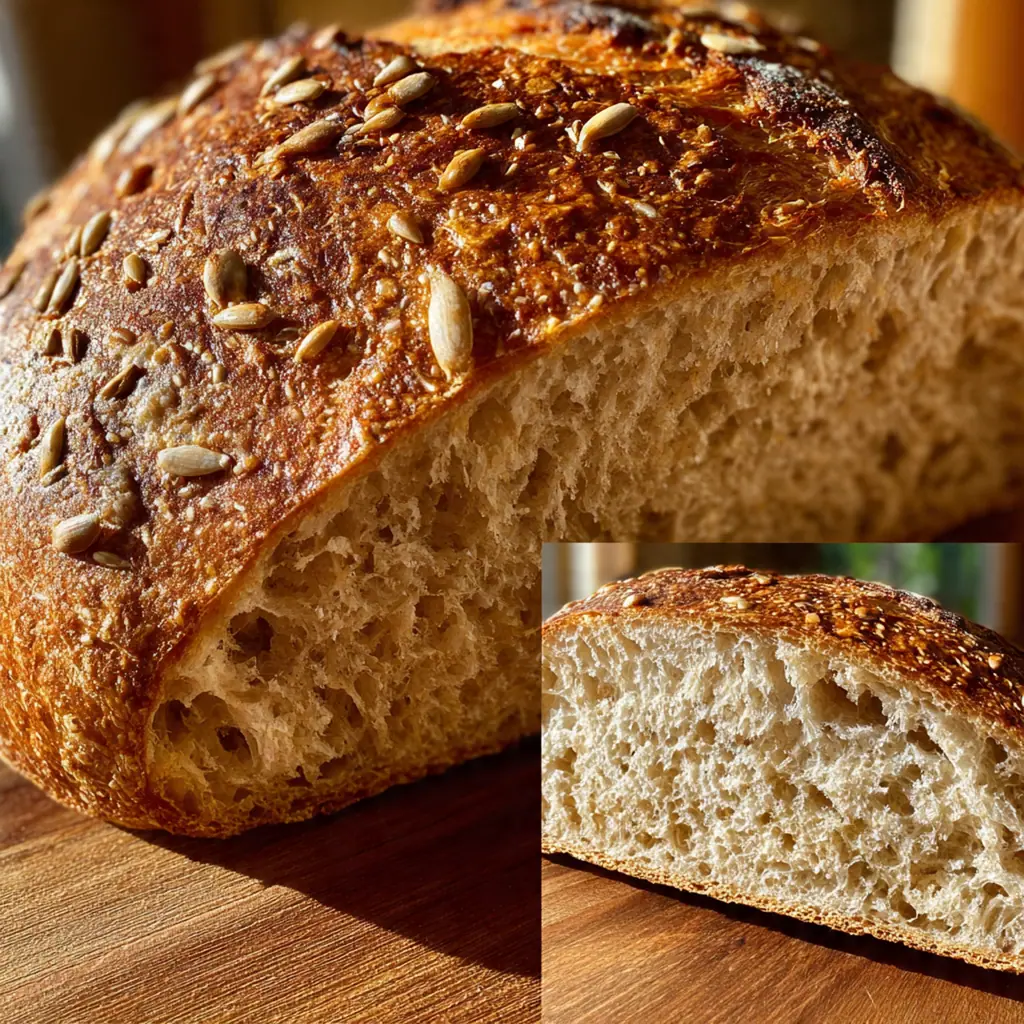 A hand placing a scored sourdough loaf into a preheated Dutch oven using a parchment paper sling