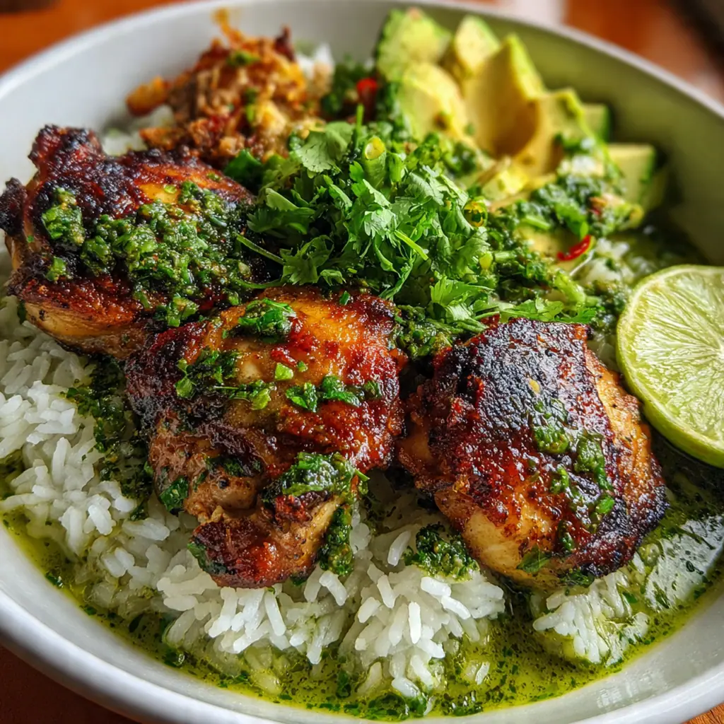 A complete plate of Peruvian chicken with rice, green sauce, and lime wedges