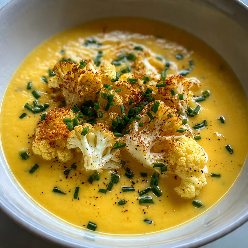 A steaming bowl of cauliflower garlic soup with croutons and a crusty bread slice on the side