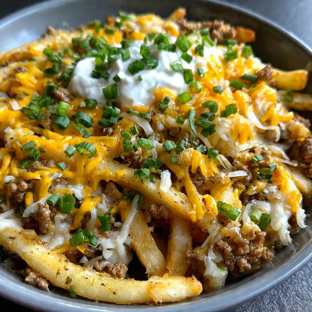 Close-up scoop of the casserole showing layers of crispy fries, savory beef, and melty cheese