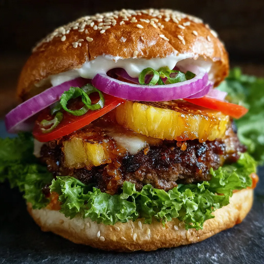 A plated Hawaiian pineapple burger with fresh lettuce, tomato, and onion alongside sweet potato fries