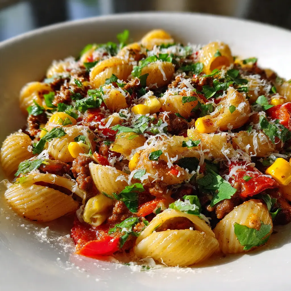 Close-up of a spoonful of saucy pasta shells and seasoned ground beef with a slice of avocado