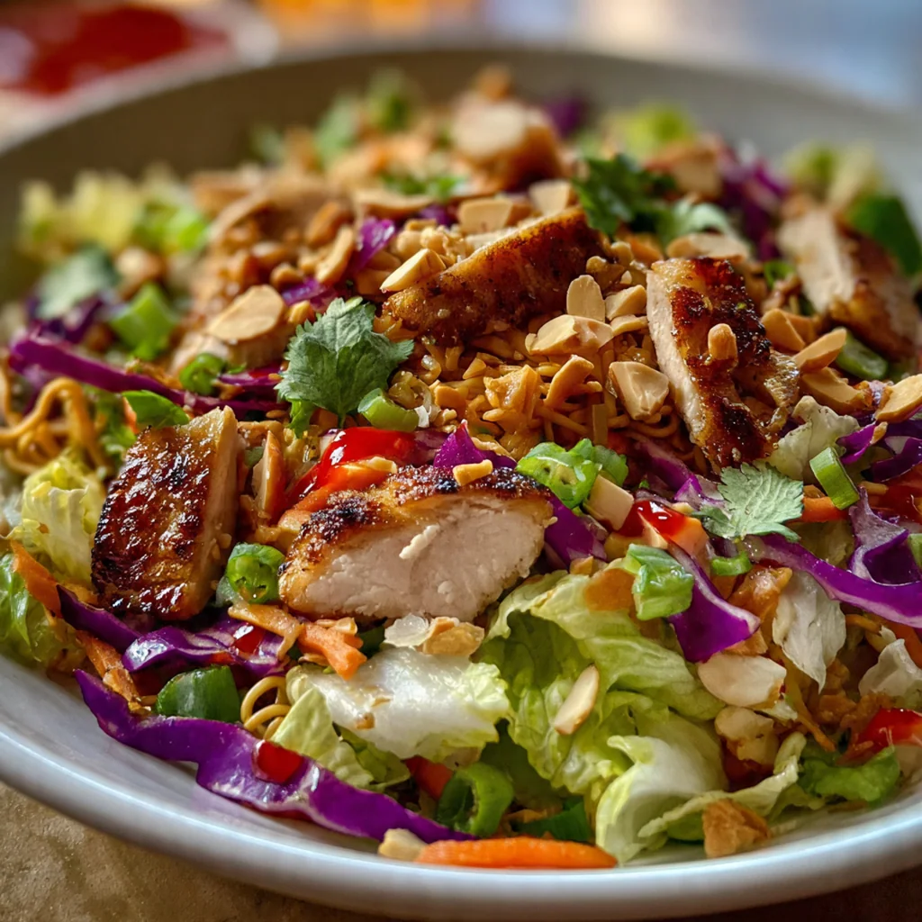 Close-up of sesame-ginger dressing being poured over crisp Napa cabbage, edamame, and chicken