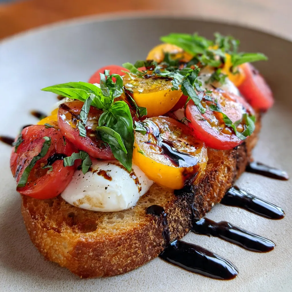 Close-up of a single bruschetta showing oozing burrata cheese and a drizzle of dark balsamic glaze
