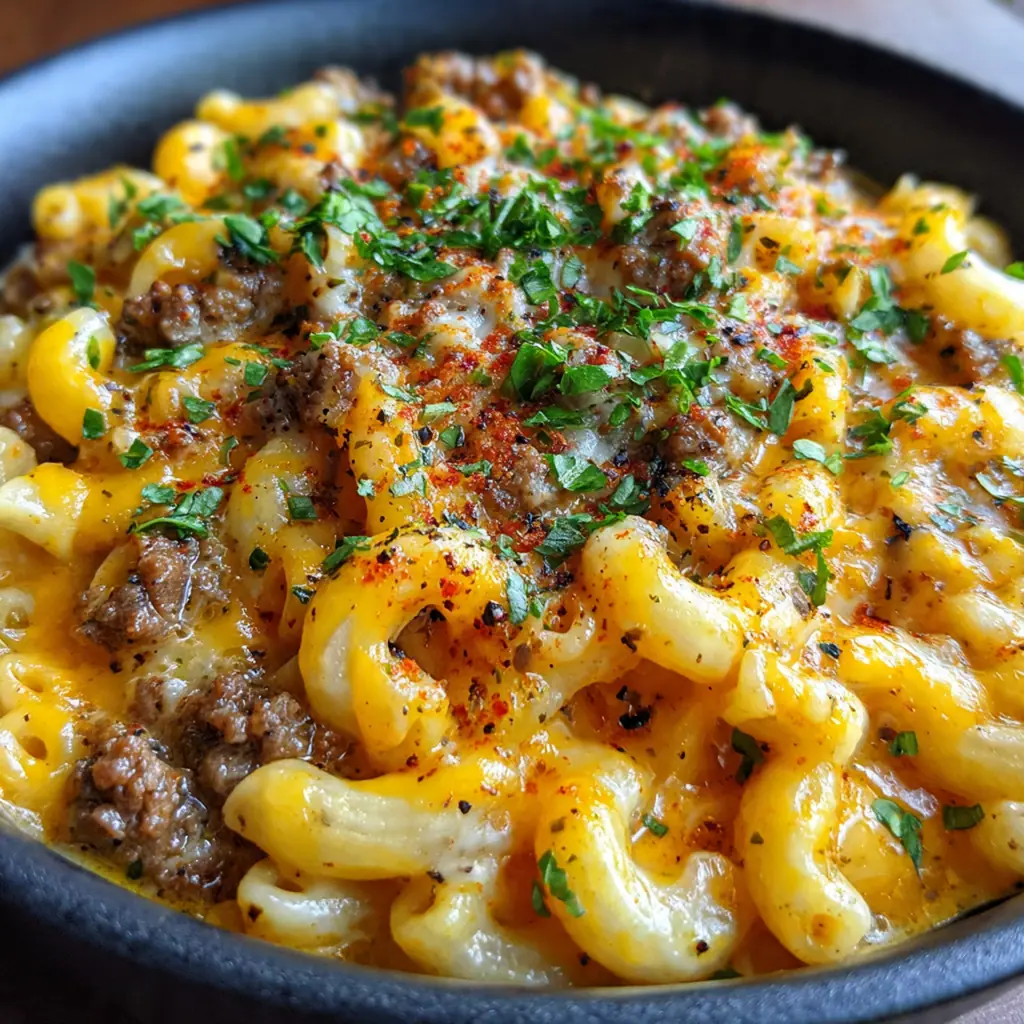 Close-up of a spoonful of cheeseburger pasta topped with pickles and shredded lettuce