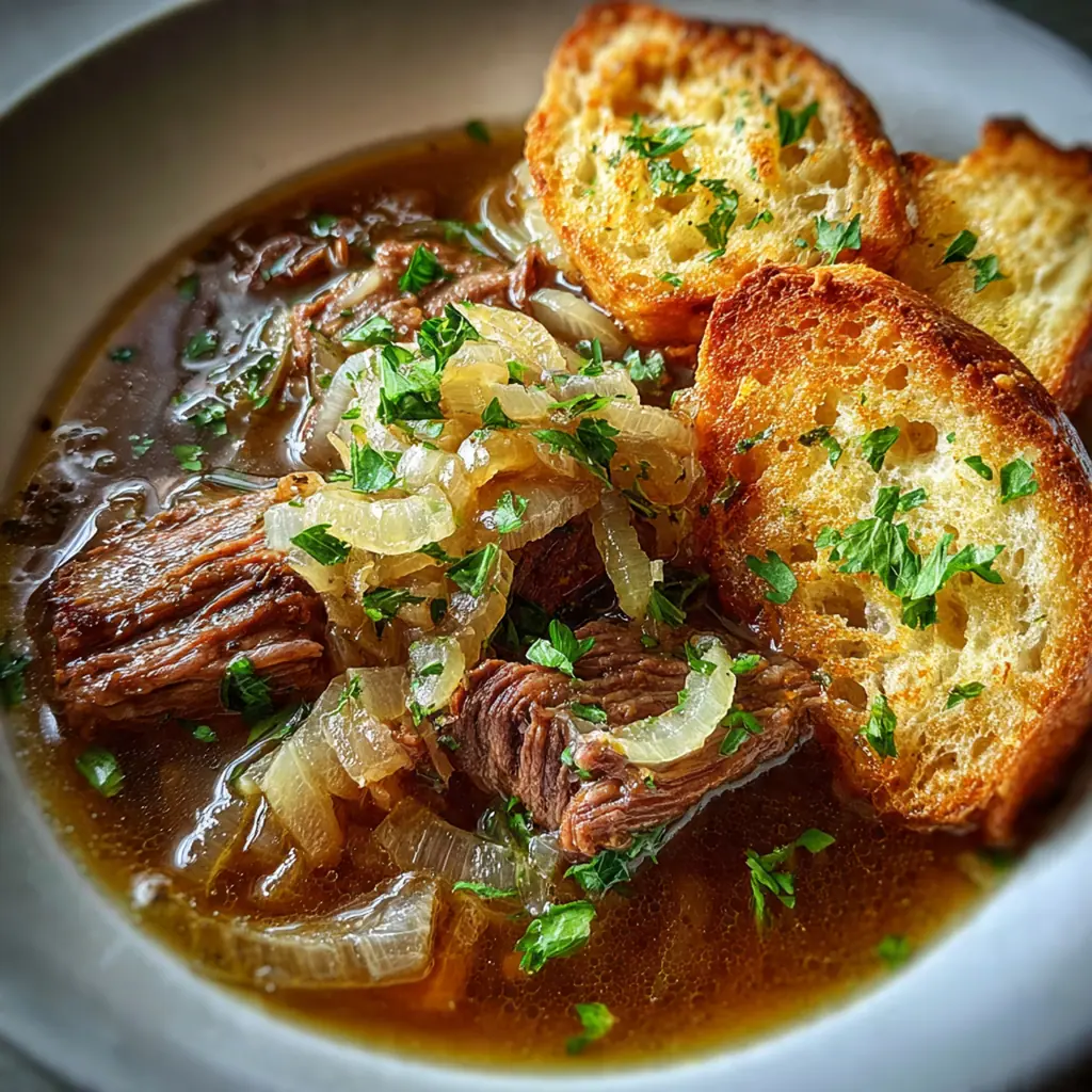 A steaming bowl of French onion beef soup topped with a cheesy crouton and fresh thyme