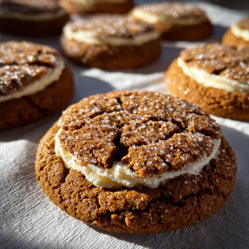 Overhead view of raw gingerbread dough balls rolled in sugar next to a bowl of cream cheese filling on a kitchen counter