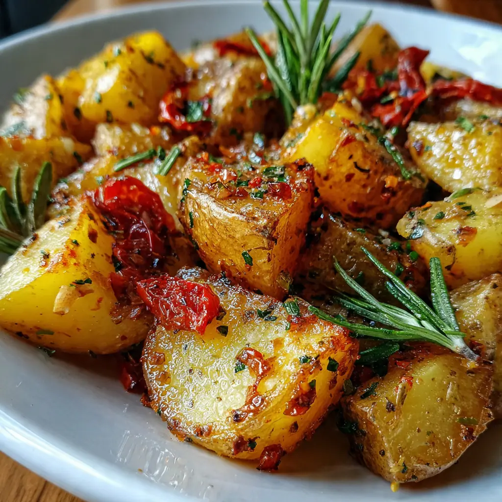 Close-up of crispy roasted potato cubes seasoned with smoked paprika and minced garlic