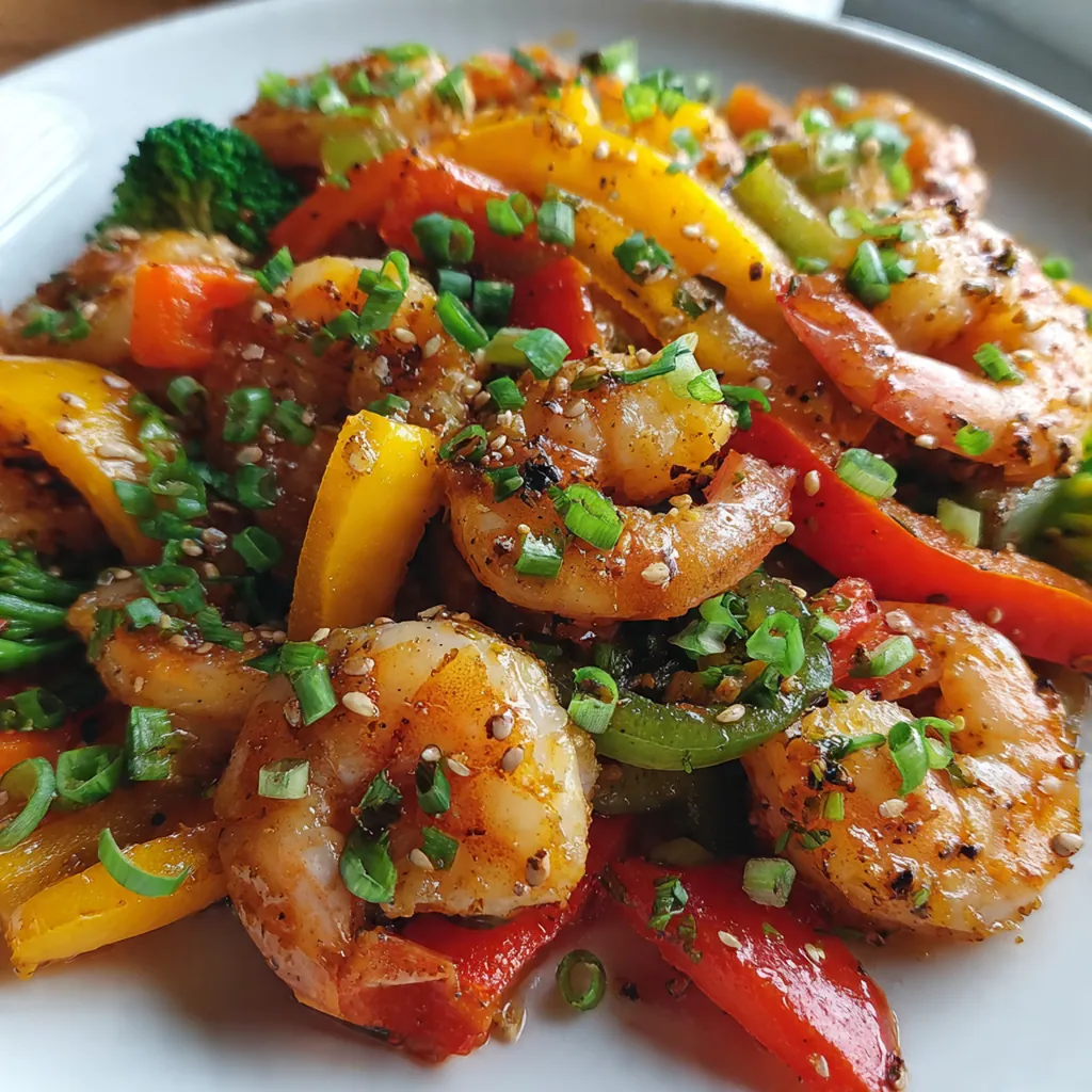 Close-up of succulent shrimp and colorful peppers tossed in savory-sweet sauce
