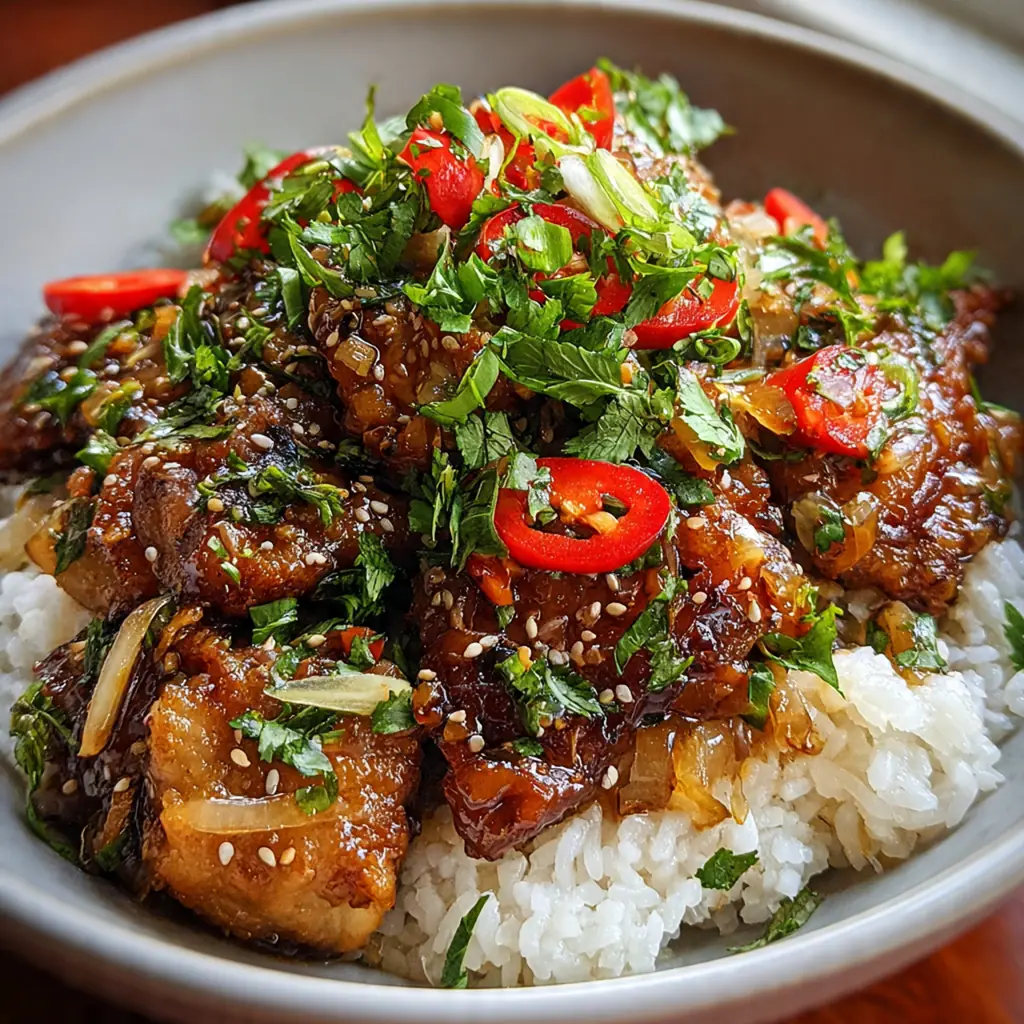 Close-up of tender chicken thighs in rich caramel sauce with julienned ginger pieces
