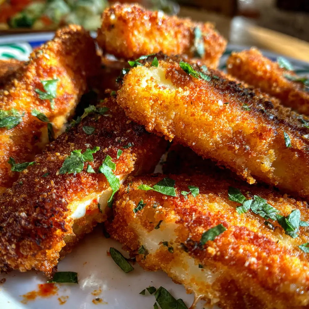 Close-up of a hand pulling apart a gooey, molten mozzarella stick coated in a fiery cayenne pepper glaze