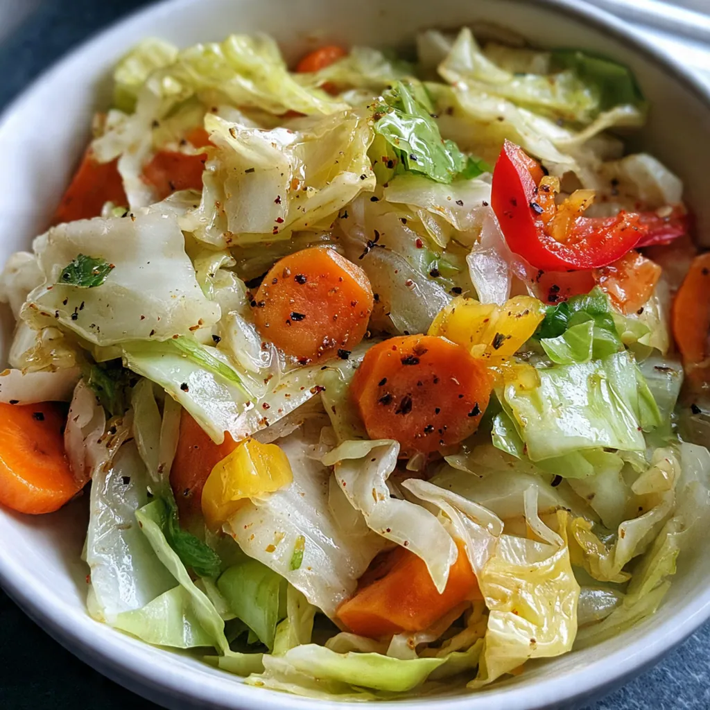 Freshly prepared Caribbean cabbage dish served hot alongside traditional rice and peas