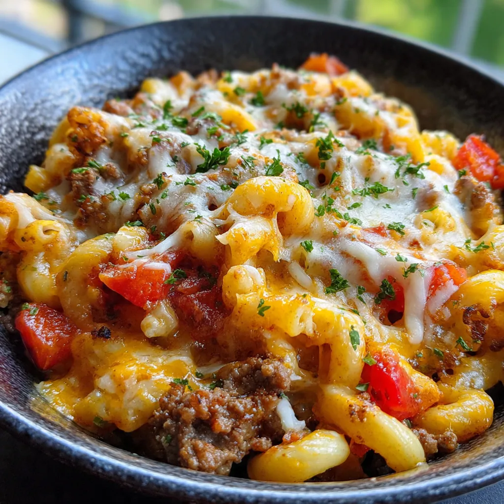 Close-up of a scoop showing tender pasta, savory beef, and creamy cheese sauce