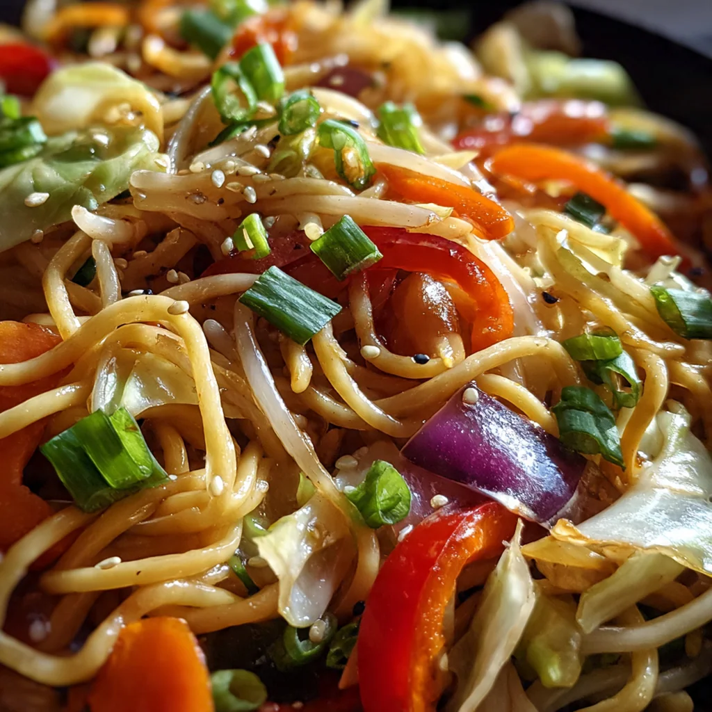 Plated Panda Express Chow Mein copycat with green onions garnish and sesame seeds