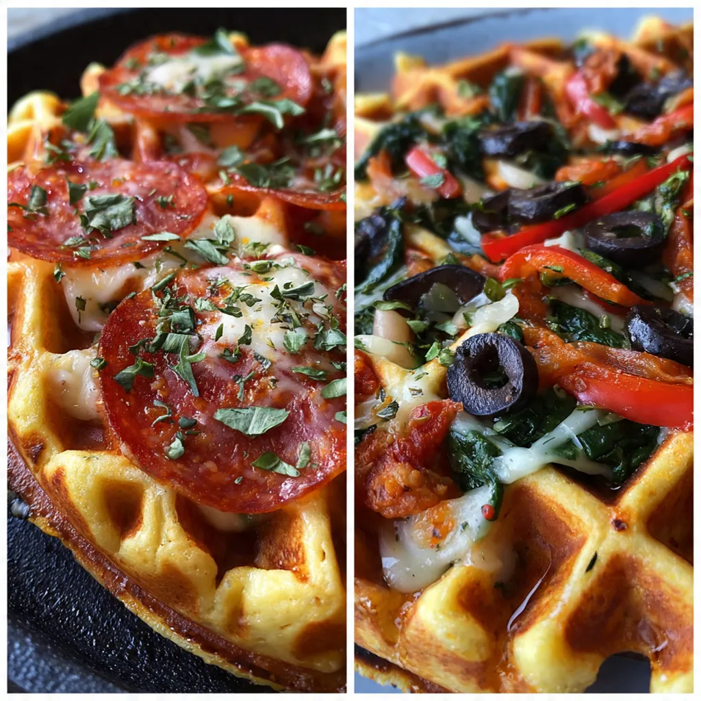 Close-up of a crispy waffle square topped with fresh basil and extra pizza sauce