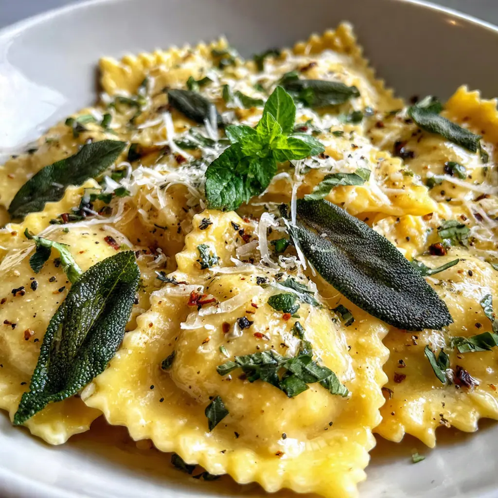 Cheese ravioli perfectly coated in nutty brown butter sage sauce garnished with pine nuts and parsley