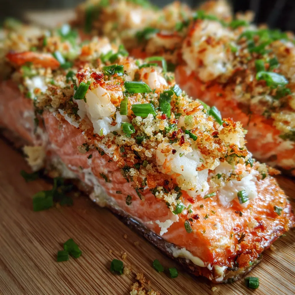 Close-up of a flaky salmon fillet split open to reveal the rich seafood stuffing inside