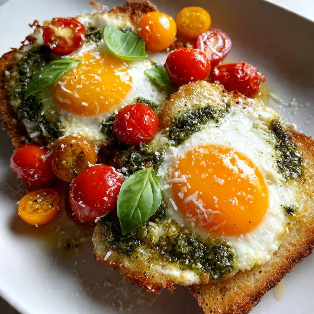 Close-up of a spoon drizzling fresh homemade basil pesto over a runny egg yolk in a white skillet