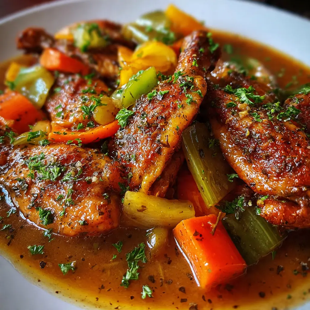 Overhead view of a cozy dinner plate with a smothered turkey wing, creamy potatoes, and braised collard greens.