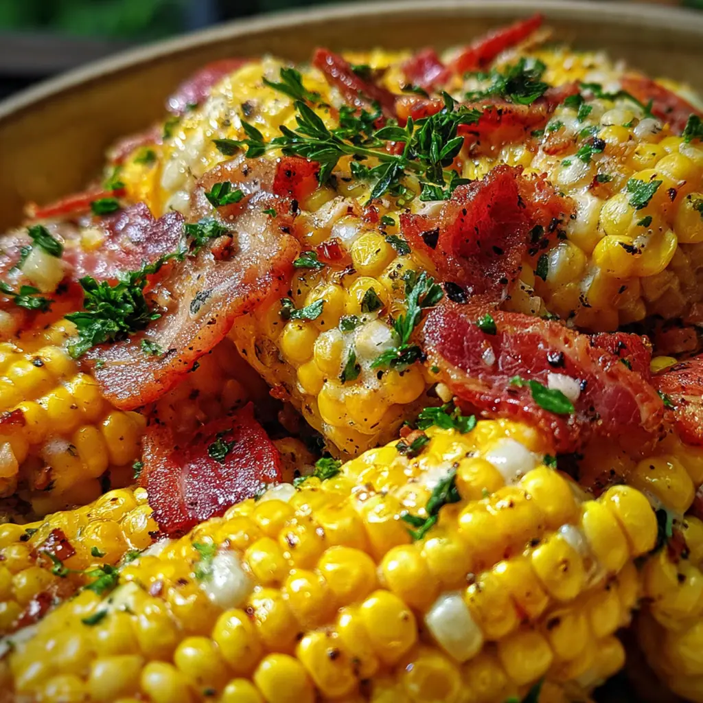 Creamy corn and bacon mixture garnished with fresh parsley and Parmesan cheese