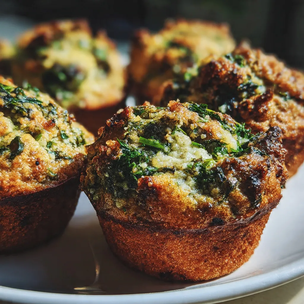 Moist spinach muffins dusted with powdered sugar on a white plate
