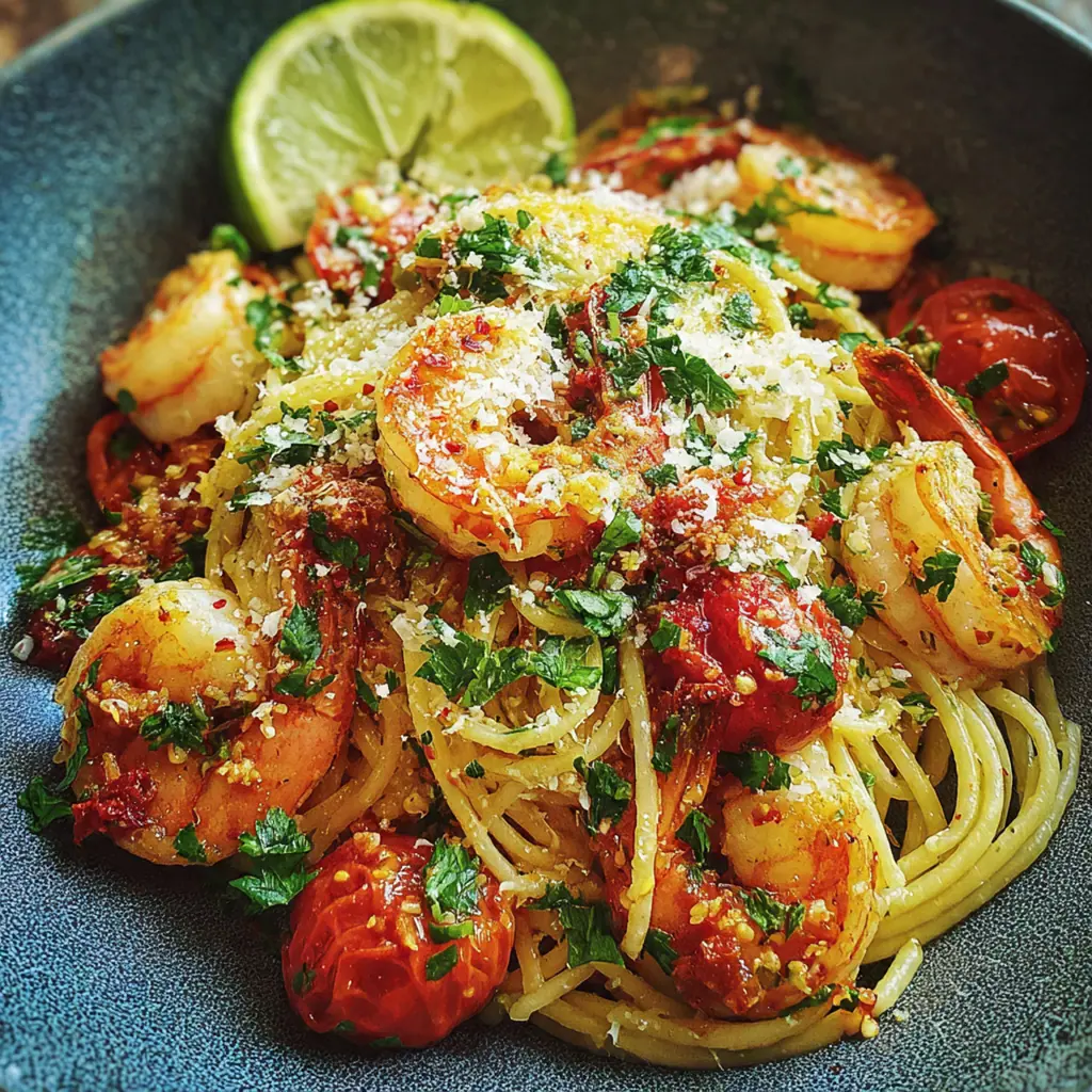 Overhead view of a skillet filled with prawn and harissa spaghetti in a vibrant red sauce