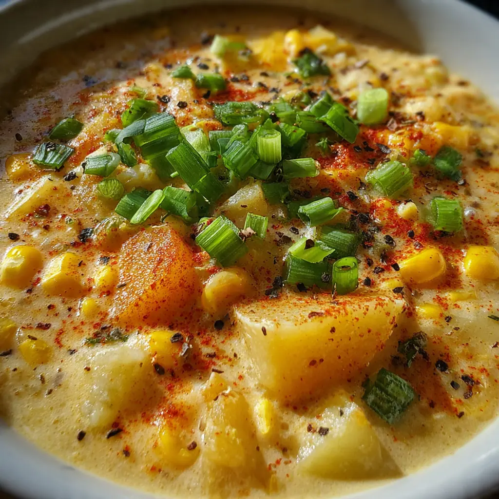 Steaming pot of golden corn chowder with visible corn kernels, potato chunks, and flecks of paprika
