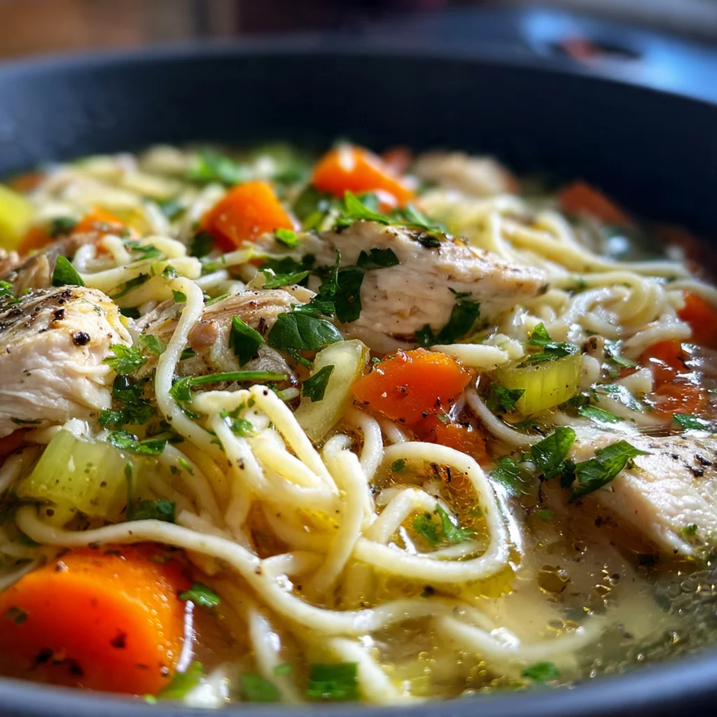 Close-up of a spoonful of hearty chicken noodle soup showcasing the rich broth and fresh herbs