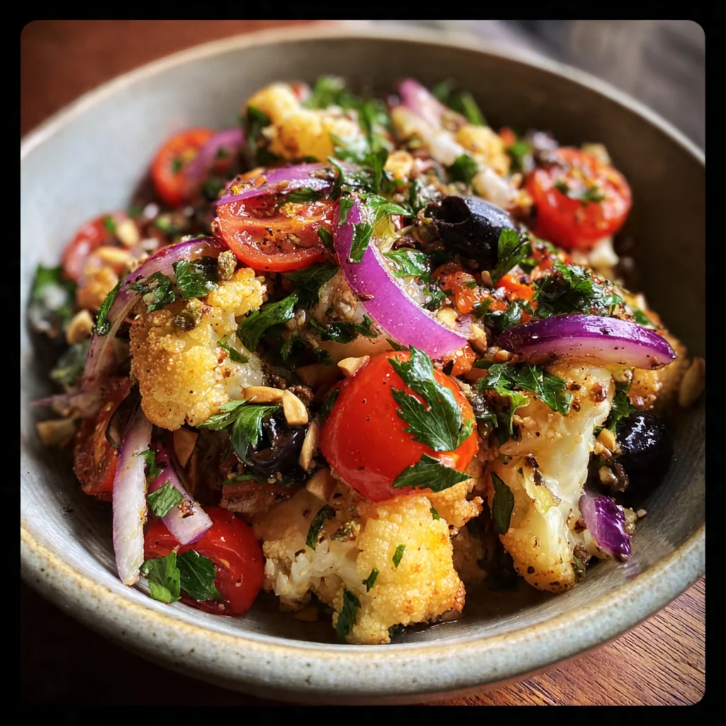 A rustic table setting featuring the finished cauliflower salad in a serving bowl with lemon wedges on the side
