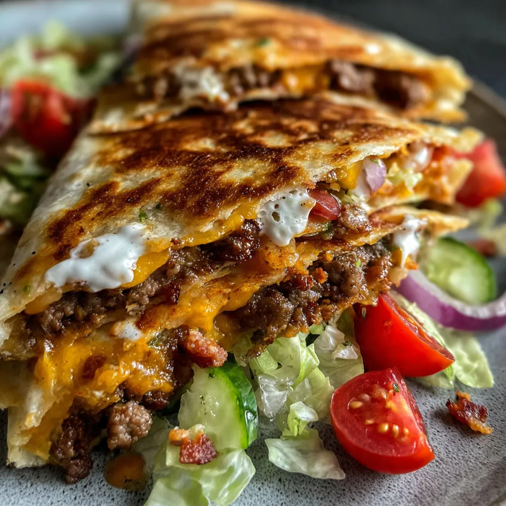 A complete dinner plate featuring Cheeseburger Quesadillas Wedge Salad with cherry tomatoes, pickles, and sesame seeds on top.