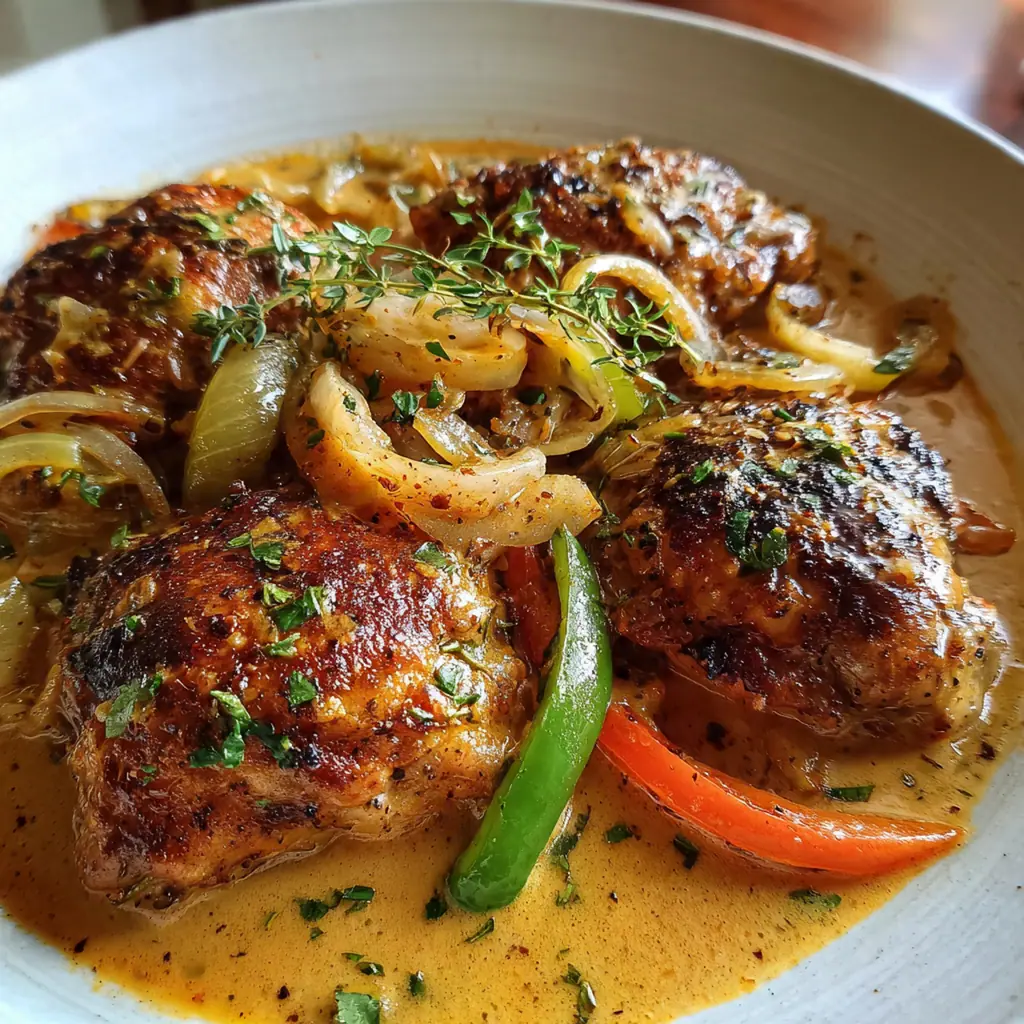 Close-up of a tender chicken thigh being pulled apart, revealing juicy meat and covered in glossy gravy.