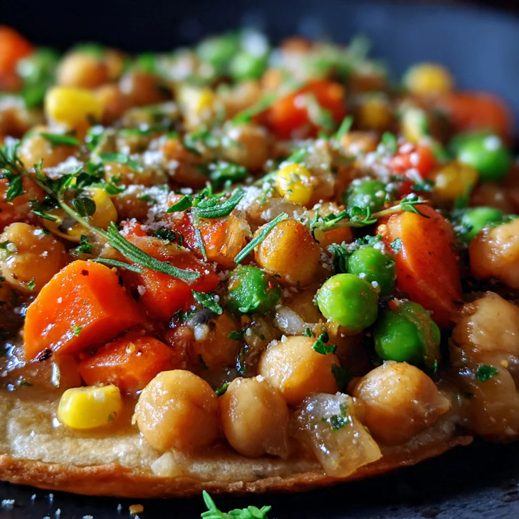 A close-up view of a slice of vegan chickpea pot pie showing the creamy vegetable and chickpea filling.