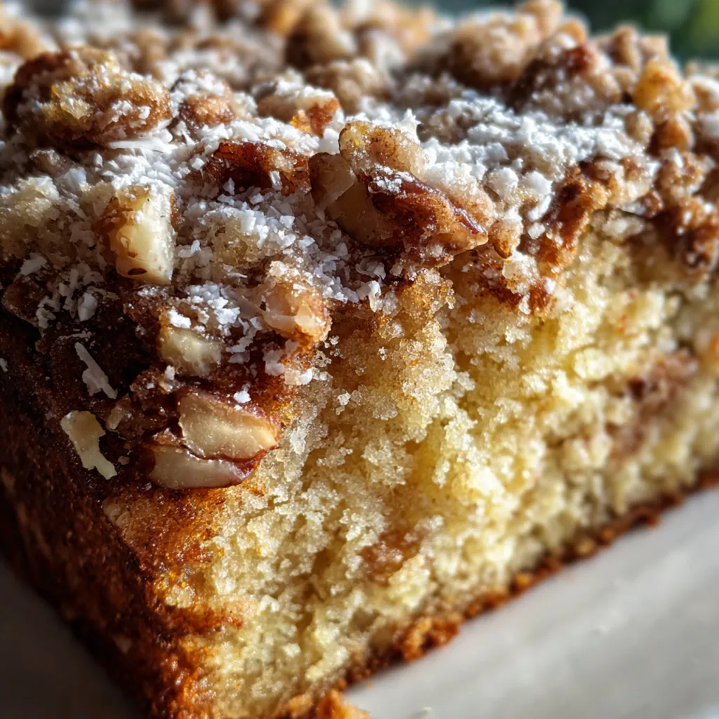 Close-up slice of coffee cake showing the moist crumb and layers of cinnamon swirl and crunchy streusel