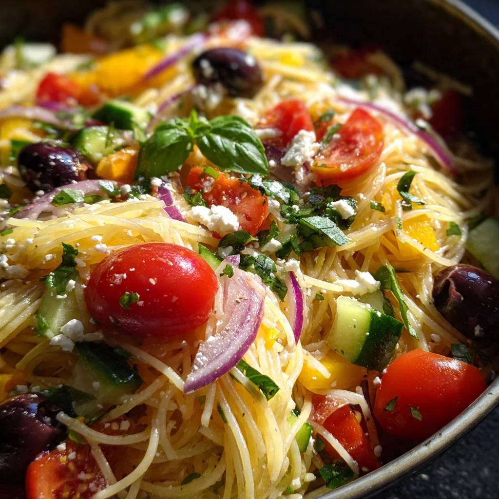 Fresh ingredients for angel hair salad laid out on a marble countertop with lemons and dill