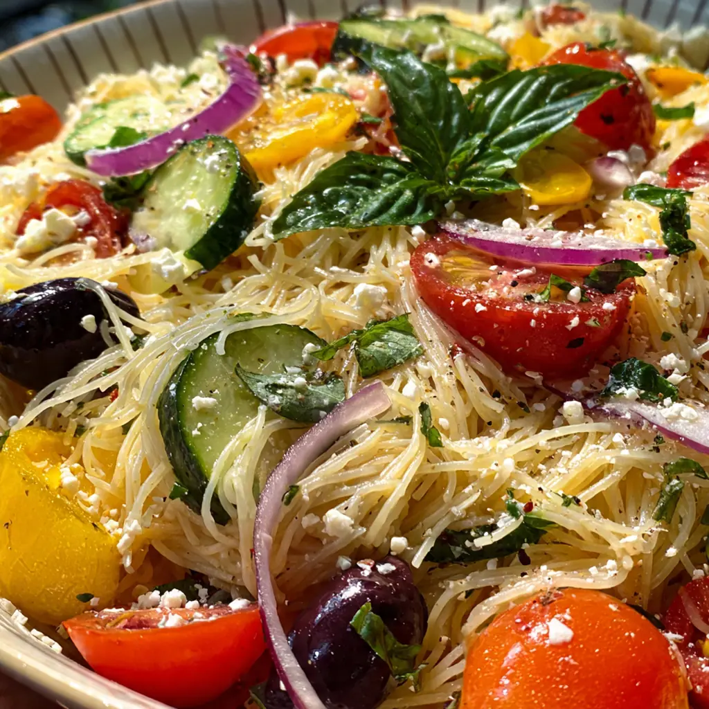 Close-up of lemon-dill vinaigrette being drizzled over the colorful Mediterranean pasta salad