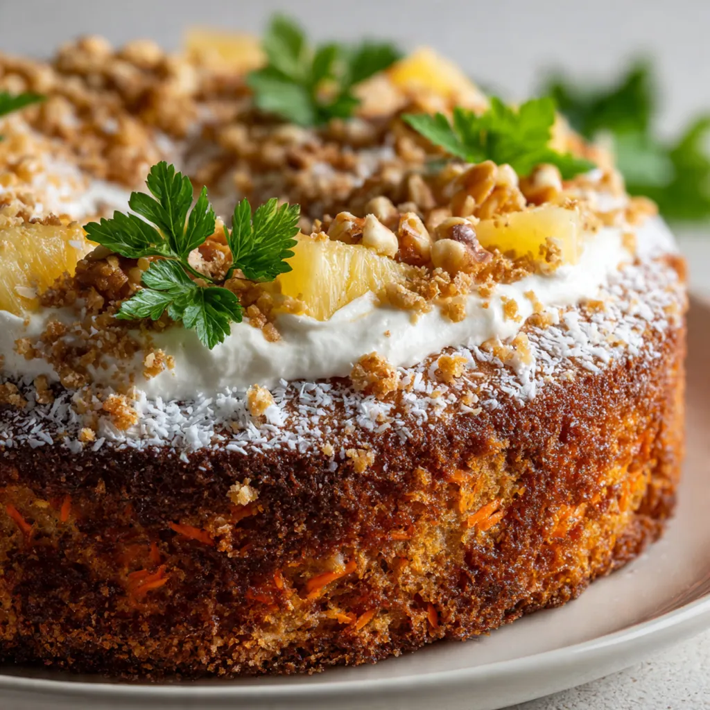 Close-up slice showing grated carrots and pineapple pieces in the tender cake
