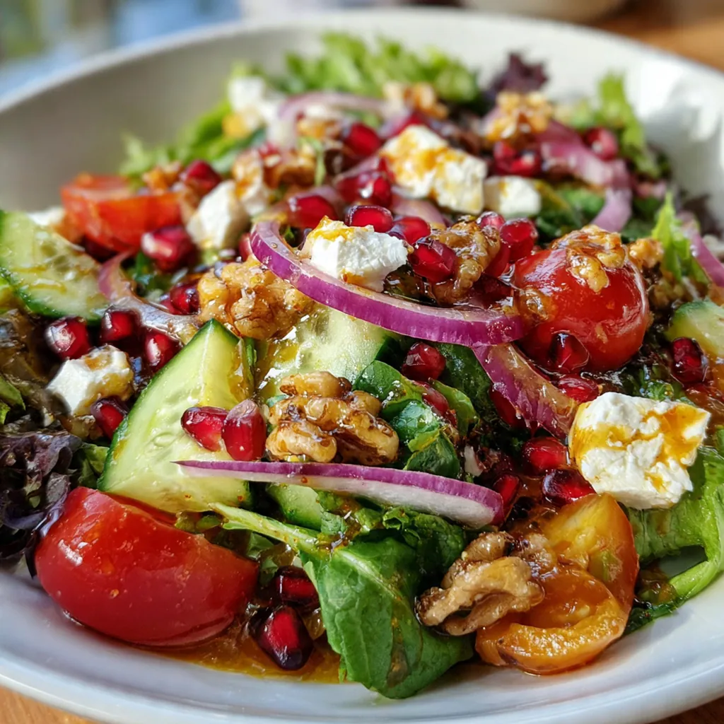 Holiday side salad featuring seasonal winter fruits, toasted pecans, and pomegranate seeds with cheese crumbles
