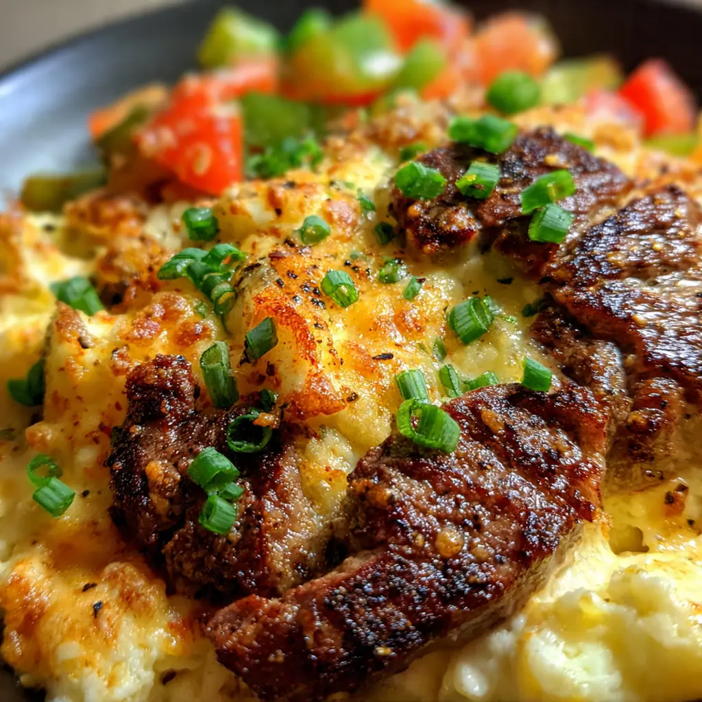 Plated Cajun Cheesy Parmesan steak served alongside roasted asparagus and garlic mashed potatoes