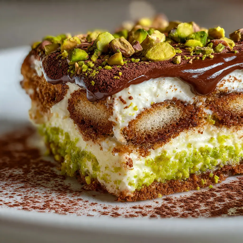 Whole tiramisu dish topped with pistachios ready to be served at a dinner party