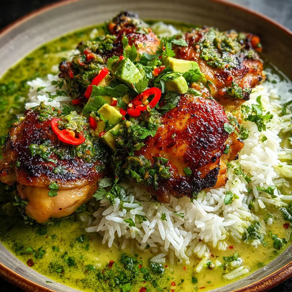 Close-up of creamy green aji verde sauce being drizzled over juicy chicken