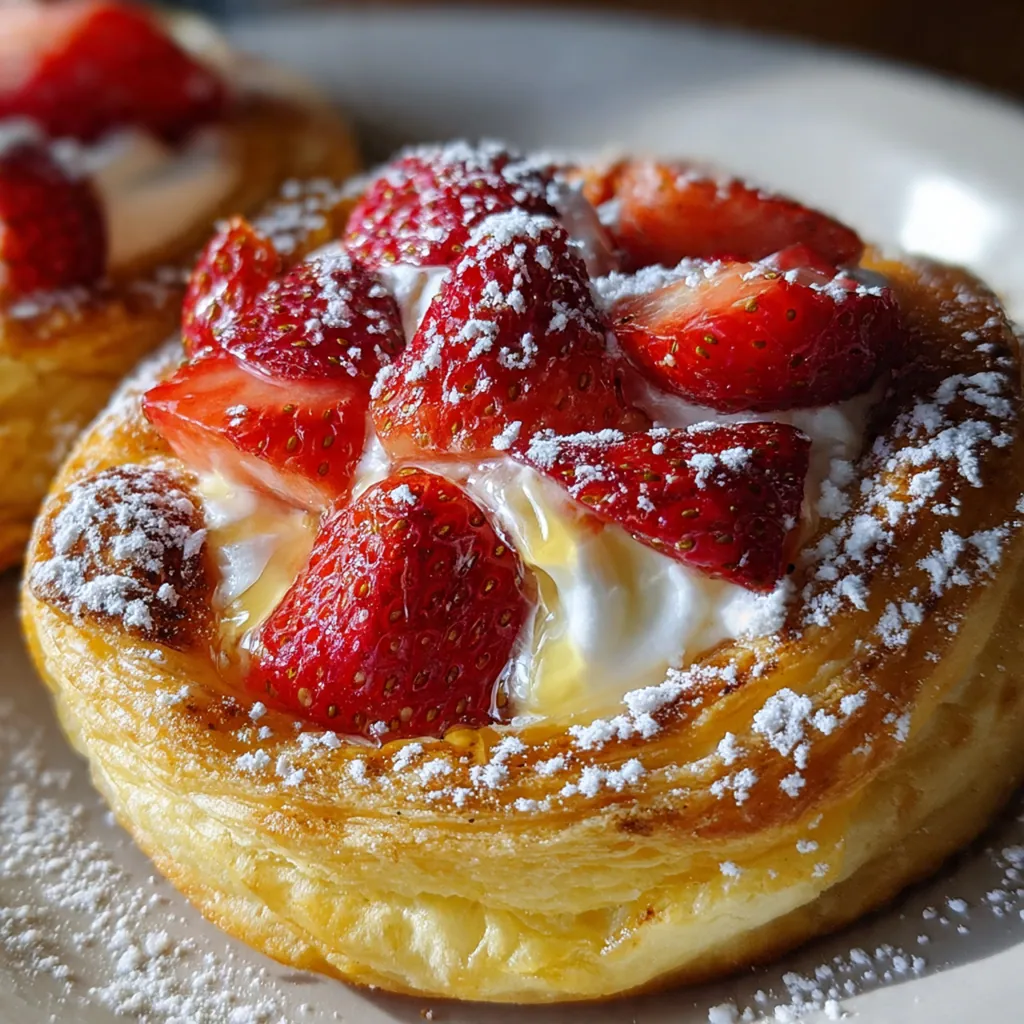 Brunch table setting with the whole danish on a wooden board next to a coffee cup and fresh strawberries